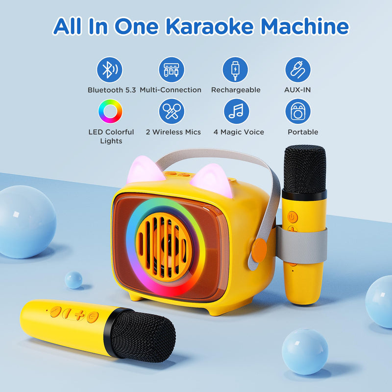 BIGASUO Karaoke Machine for Kids, Mini Portable Bluetooth Speaker with 2 Wireless Microphones and LED Lights, Kids Toys Ideal Gifts for Girls & Boys Birthday Home Party 1
