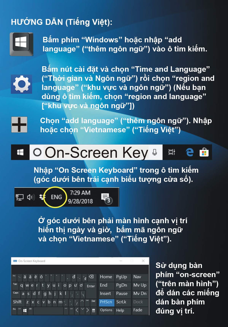 Vietnamese Keyboard Stickers with Fluorescent Inlays. Large Symbols Will Not Wear, Smudge or Fade. Vietnamese Conversion for All Laptop and Desktop Keyboards Also Free USB LED Light (White).