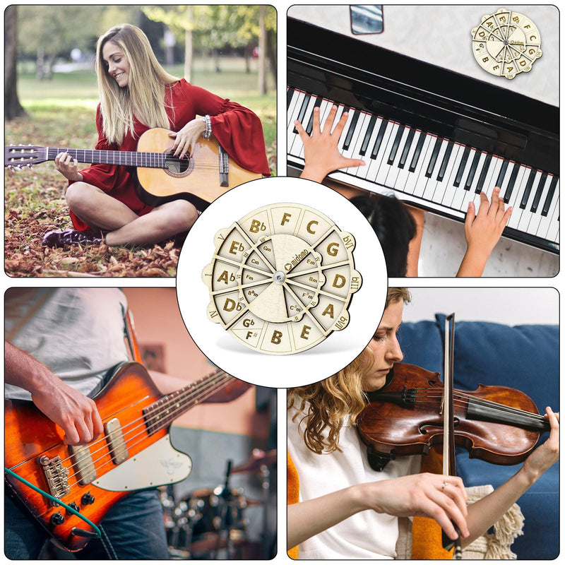 Wooden Melody Tool, 4.8 Inch Wooden Chord Wheel Circle of Fifths Wheel Round Melody Chord Tool Wooden Musical Educational Tool for Piano Violin Guitar Bass