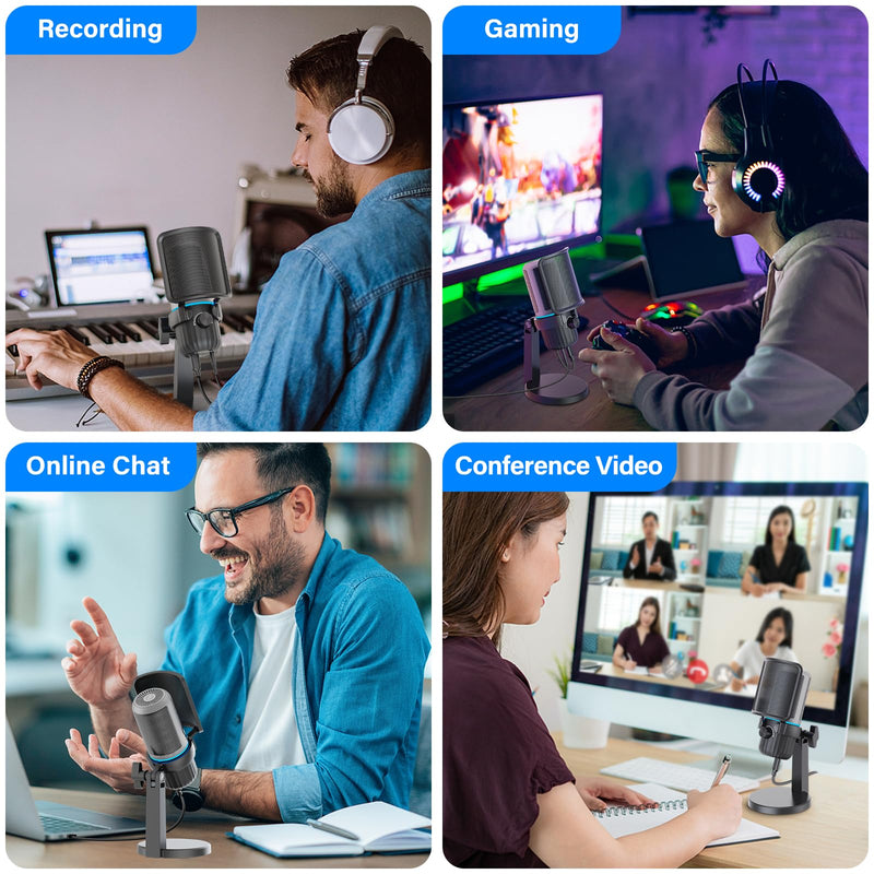 USB Condenser Gaming Microphone, PC Microphone for Streaming, Podcasts, Recording, Desktop Computer Mic with Mute Button & LED Indicator, Volume Control, Headphone Jack