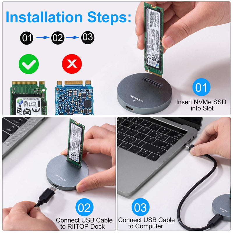 RIITOP NVMe to USB Docking Station, External M.2 PCI-e NVMe SSD to USB-C Reader Adapter for M.2 (M Key) NVMe SSD Gray