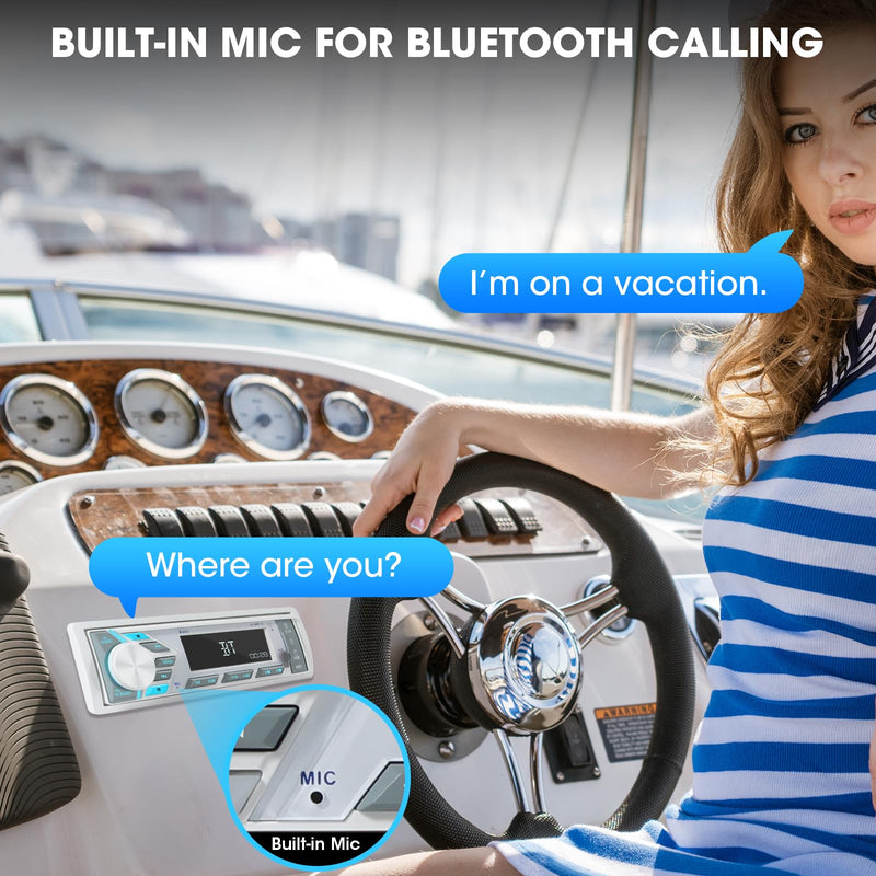 Single Din Marine Stereo Receiver: in Dash Bluetooth Boat Radio - Digital LCD Display Push to Talk Assistant AM FM MP3 SD Aux-in USB Charging 4.2-Channel Audio Output for Marine Vehicle Watercraft