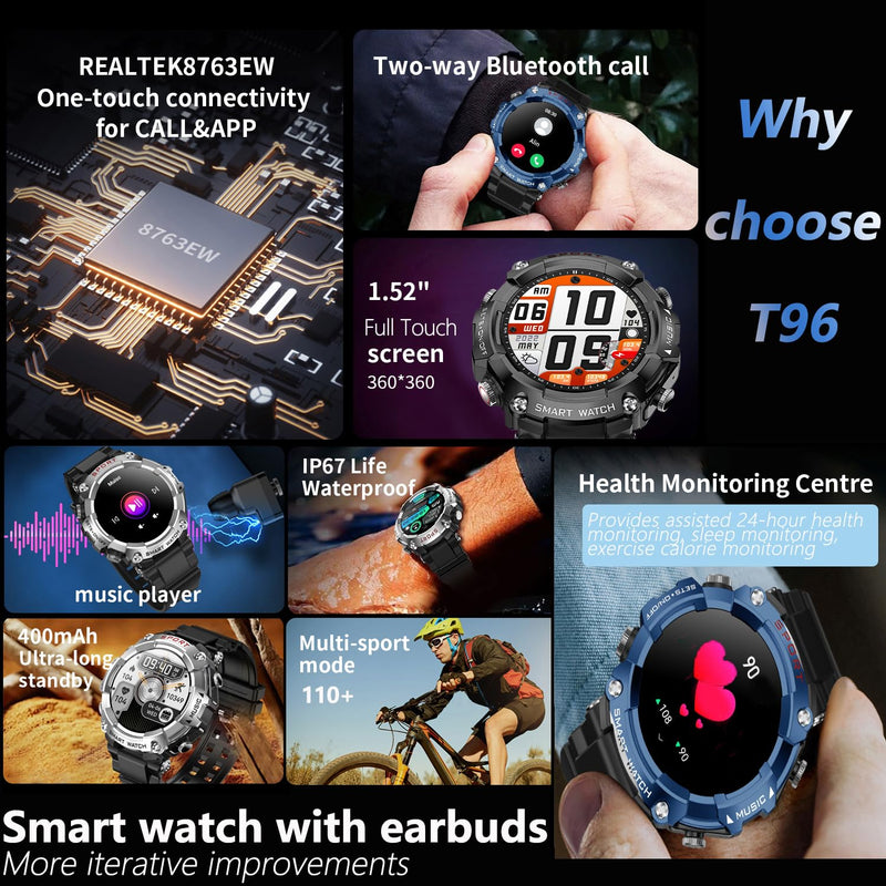Smart Watch with Earbuds, for iOS Android Phone,3 in 1 Round Fitness Tracker, 1.52 Inch Full Touch Screen, Answer/Make Calls, for Men and Women, Sleep Monitor, Motion Long Standby, Music Player