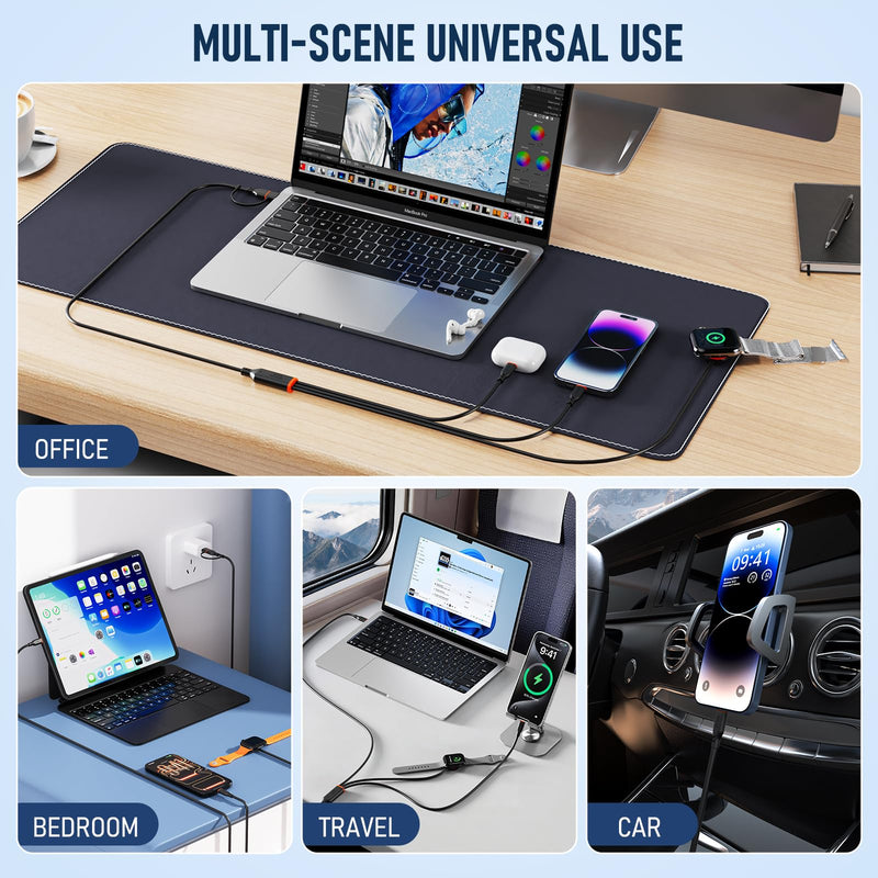 Travel Essentials 3 in 2 Multi Charging Cable 100W USB A/C to Dual USB C/for Apple Watch Charging Cable Silicone Fast Charge Compatible with iPhone 17-15 Series iPad MacBook, Type-C Devices 5FT-Black Black