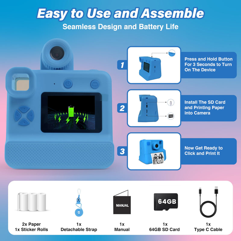 GabbaGoods Instant Print Kids Camera For 3 4 5 6 7 8 9 Year Old Kids With 32GB SD Card, Instant Thermal Print Feature Best For Gift On Christmas/Birthday/Holiday | Toddler Camera | Kids Digital Camera Blue