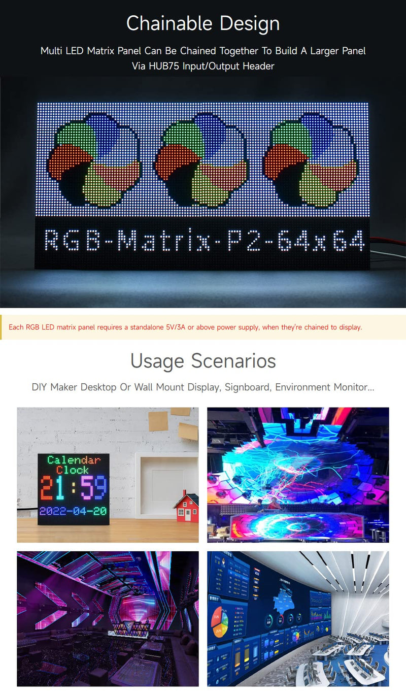 waveshare RGB Full-Color LED Matrix Panel, 2mm Pitch, 64×64 Pixels, Adjustable Brightness, Compatible with Raspberry Pi 5/4B/3B/Zero/Zero W/Zero 2W/Pico/Pico W/Pico WH