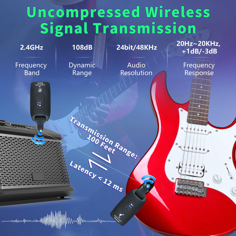 [AUSTRALIA] - A9 Wireless Guitar System - 2.4GHz Guitar Accessories Transmitter Receiver, 24-bit 48KHz Audio, 100ft Range, No Latency, 4-Hour Rechargeable Battery, for Electric Bass (Black(1TX+1RX)) Black 