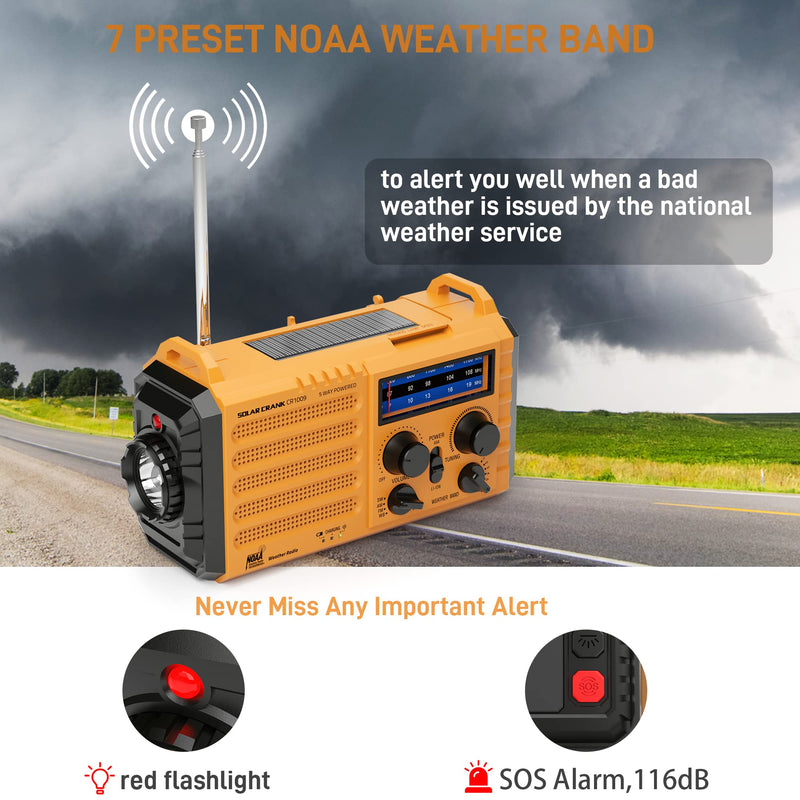 [AUSTRALIA] - Eoxsmile Emergency Radio with NOAA Weather Alert, 5000mAh Solar Hand Crank Portable AM/FM Shortwave Radio, Rechargeable Battery Powered, USB Charger, Flashlight, SOS Alarm for Home Outdoor Survival Yellow 