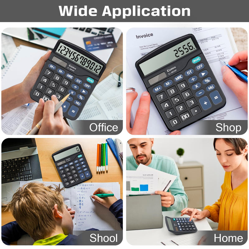 Comix Desktop Calculator 12 Digit with Large LCD Display and Big Button, 12 Digits Baisc Calculator, Solar Battery Dual Powered, for Office Home School C-1832 (Black) Black