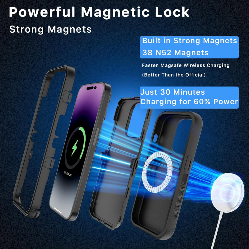 M MYBAT PRO Maverick Series for iPhone 15 Pro Max Case with Belt Clip Holster,[Compatible with Magsafe] w/Screen Protector,Anti-Drop,Shockproof,with 360°Rotating Kickstand,Heavy Duty Protection Black