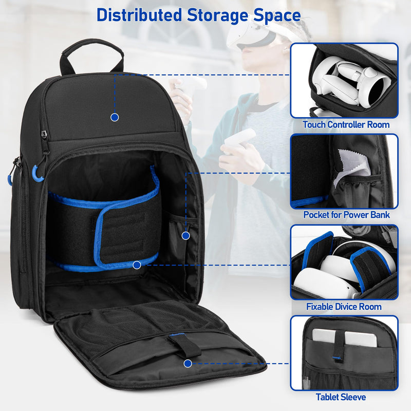 PGmoon Carrying Case Compatible with Oculus Meta Quest 2/Quest 3/Quest 3S | Travel Storage Bag Backpack with Separate Room for Touch Controllers and Multi-Pockets (Patent Design) black