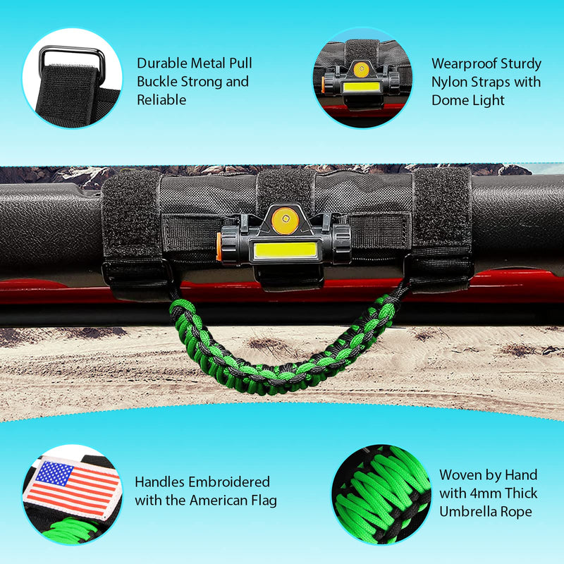 GAIZON 2 Pack Grab Handles Roll Bar Paracord for Jeep Wrangler Accessories Sahara Freedom Rubicon CJ YJ TJ JL JK LJ JLU JKU,Gladiator JT 1955-2023 Interior Accessory,Grip Handle with LED Light(Green) Green