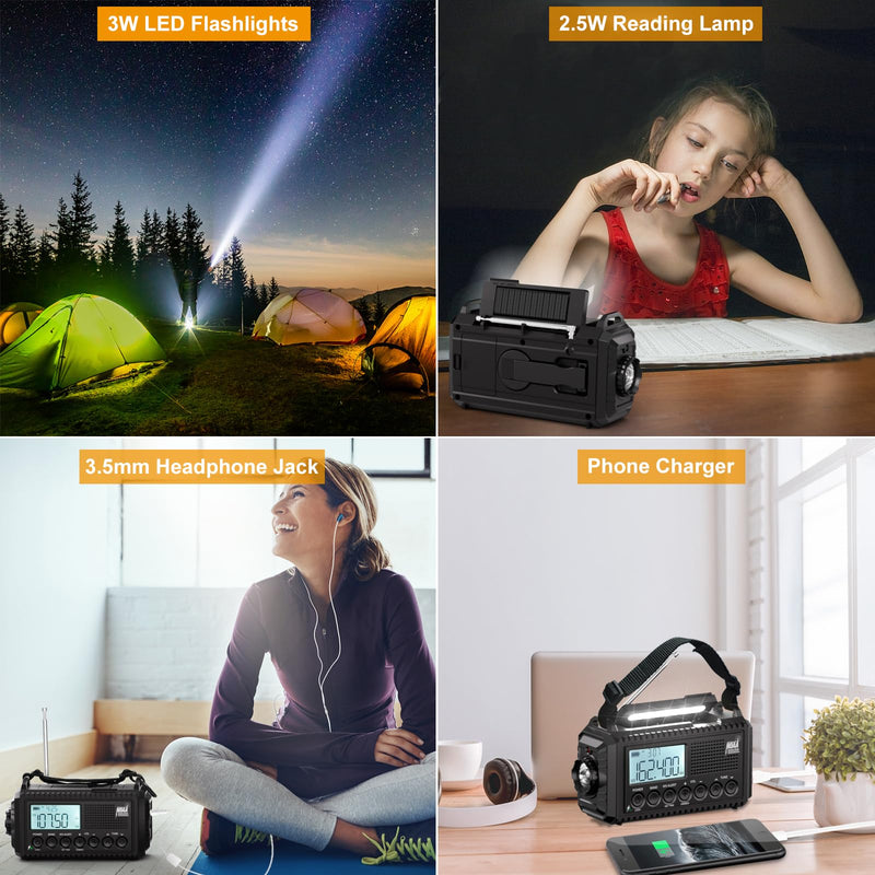 Raynic NOAA Weather Radio,5000mAh/18500mWh Solar Hand Crank Emergency Radio, Battery Powered Portable Radio with AM/FM/SW/NOAA, Cell Phone Charger, Type-C Charging, Flashlight and SOS Siren Black-LCD Display