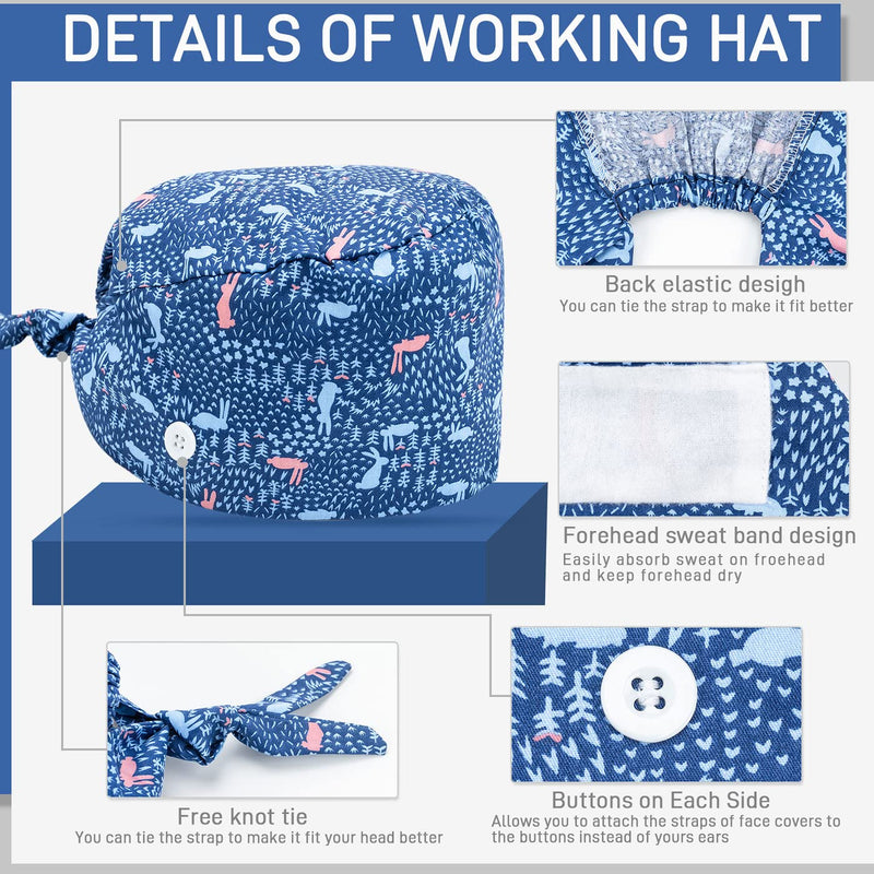 SIMYJOY Op Hood Fabric Women's Scrubbing Cap Printed Hat with Button Cotton Sweatband Adjustable Full Hair Cover One Size c