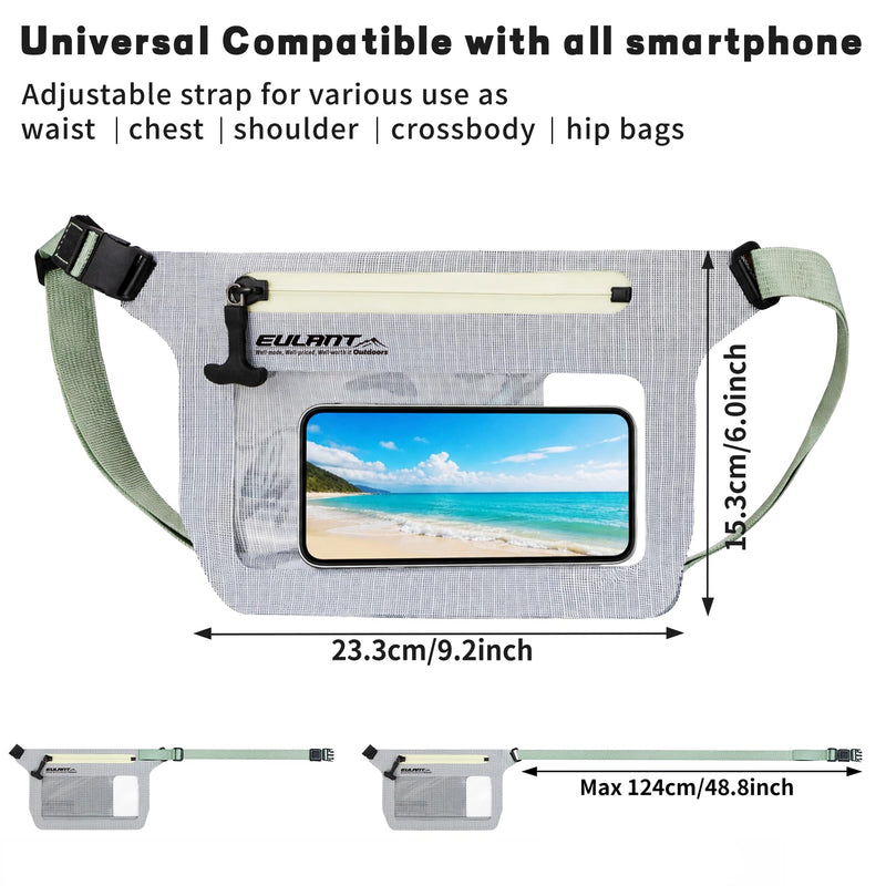 EULANT IPX8 Waterproof Phone Pouch,Reusable Fanny Pack Dry Bag | Fanny Pack Dry Bag with Screen Touch Sensitive for Beach Swimming,Boating,Kayaking,Rafting Light Gray 3 PC