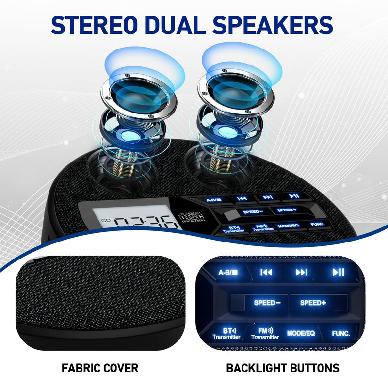 [AUSTRALIA] - Portable CD Player with Dual Bluetooth, Discman for Car with FM Transmitter, Rechargeable, Dual Speakers and Anti Skip,USB,AUX,LCD Display,Backlit Button,Repeat,10 Speeds Black 