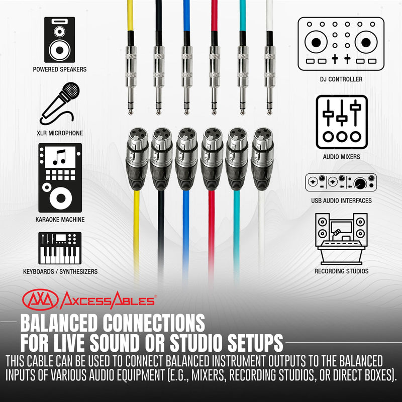 [AUSTRALIA] - AxcessAbles XLR Female to 1/4" TRS Balanced 15ft Speaker Color Cable Pack | Balanced Speaker, Microphone Snake Cords (15ft - 6 Pack) XLR Female to 1/4 TRS 