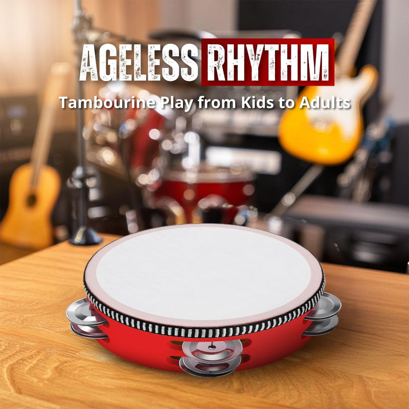 Flexzion Wood Handheld Tambourine Adults 6-Inch Double Row 8-Pair Jingles (Red) - Percussion Round Tamborines Musical Instrument with Metal Zills 6 Inch Double Row - Red