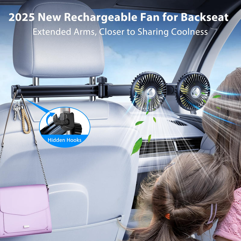 Rechargeable Fan for Car Backseat Kids with Retractable Long Arm | 360° Rotatable 3 Speeds Separate Control Car Seat Fan for Dogs Kids for Vehicles SUV RV, With Car Charger & USB C Cable Yellow - Battery