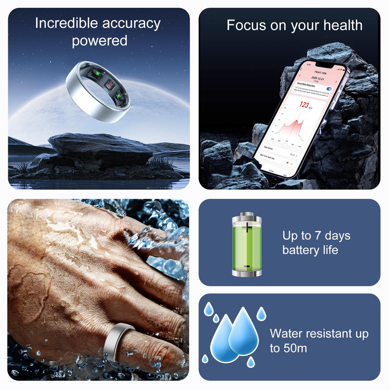Smart Ring for Women Men,Fitness Tracker Ring with Sleep Monitor,Heart Rate,Blood Oxygen,Steps,Calories Tracker,IP68 Waterproof Smart Rings,5-7 Days Battery Life for iOS Android,No App Fee（Silver,9） 9 Silver