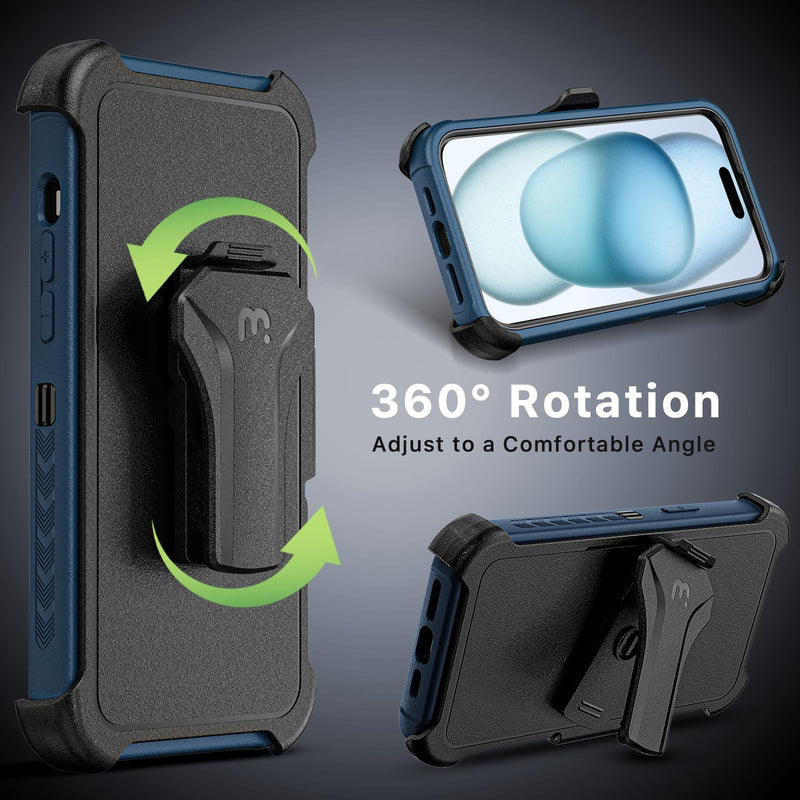 M MYBAT PRO Maverick Series iPhone 15 Case with Belt Clip Holster,[Compatible with Magsafe] w/Screen Protector,Anti-Drop,Shockproof,with 360°Rotating Kickstand,Heavy Duty Protection Blue