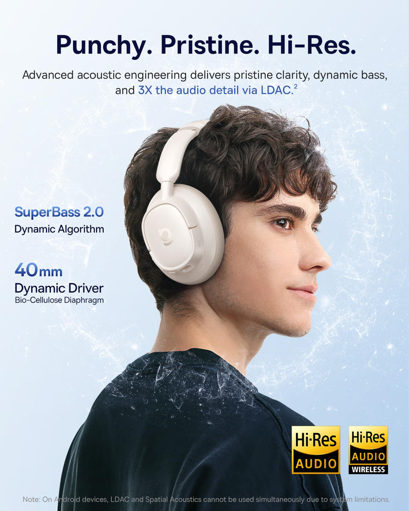 Baseus Bass BH1 NC Adaptive Active Noise Cancelling Headphones, Real-Time Adaptive Hybrid ANC, SuperBass 2.0, LDAC Hi-Res Sound, 80H Playtime, 5-Mic AI Clear Calls, Comfortable Fit, Bluetooth 6.0 Moon White