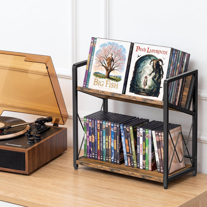 CD Storage Rack, 2-Tier CD Holder Rack, DVD Shelf Holds Store up to 80 CDs | cd display Retro Desk DVD Organizer Tower for Music Enthusiasts, Brown
