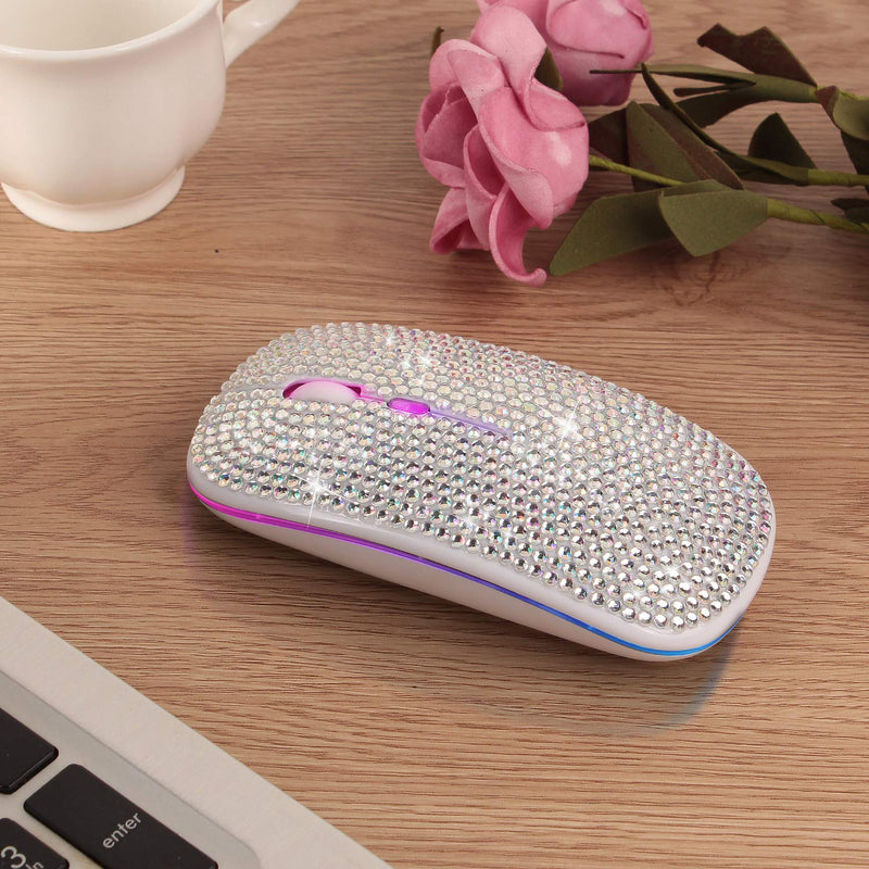 Bling Dazzling Rechargeable 2.4GHz+5.2 Bluetooth Wireless Mouse Covered with Crystal Diamond Rhinestone,RGB Backlit,Great Gift idea for Her (Silver) Silver