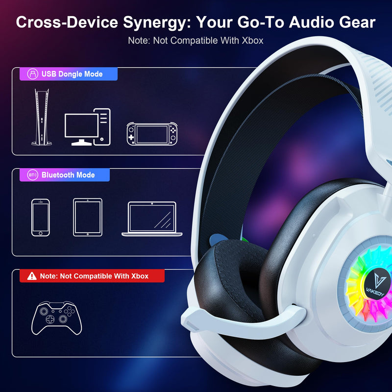 [AUSTRALIA] - Vakedy HW10 Wireless Gaming Headset for PS5, PS4, PC, Switch, Mac, 2.4GHz Wireless Gaming Headphone with Flip Noise Canceling Mic, 50H Battery, 50mm Drivers, RGB Lights (White/Black) White/Black 