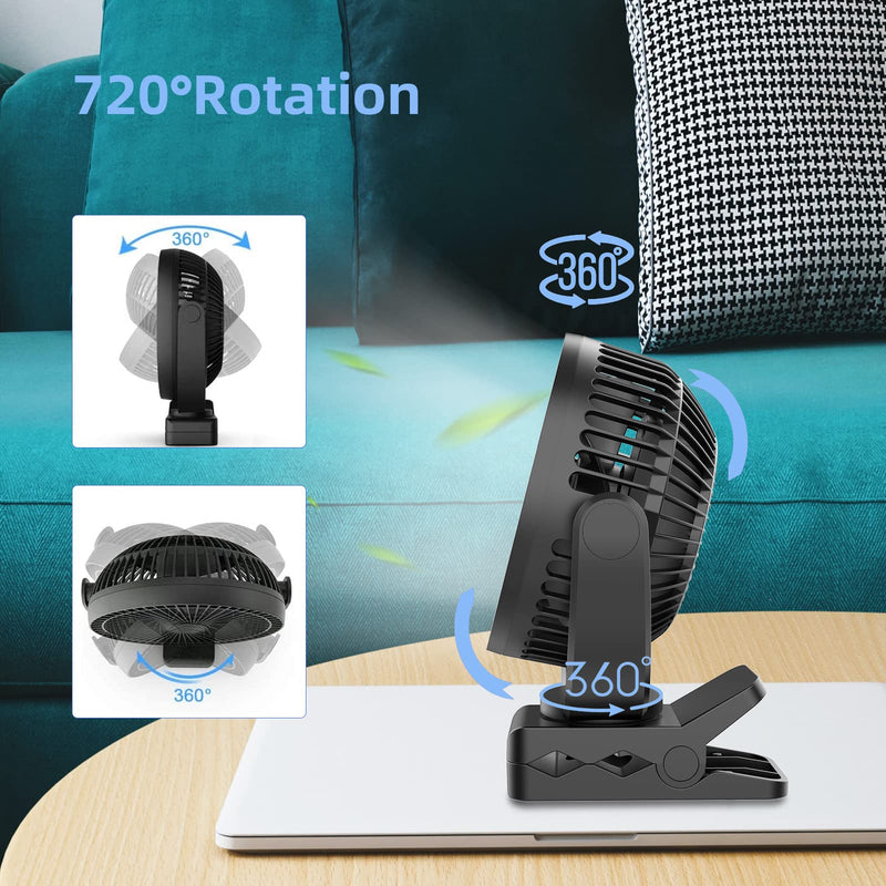 ATEngeus USB Desk Fan, 5000mAh Rechargeable Portable Fan, 5 Inch Clip-on Fan, 3 speed strong airflow, Dual 360° Rotation, with USB data cable, Suitable for home, office and stroller. (black) TF-28B-5''