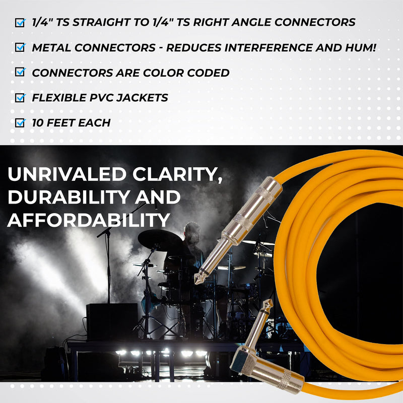 Seismic Audio Speakers Guitar Cables, Right Angle To Straight Guitar Cables, Multicolor, 10 Feet, 6 Pack
