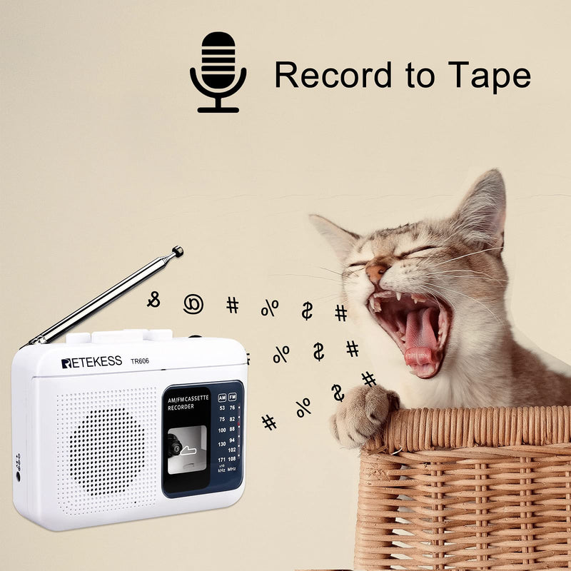 Retekess TR606 Portable Cassette Players Recorders, AM FM Radio Tape Player, Powered by DC or AA Battery with Recorder and AUX Input (White)