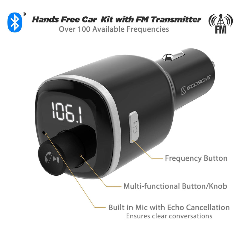 Scosche BTFM4-SP1 BTFREQ Universal Bluetooth Handsfree Car Kit with FM Transmitter and Dual USB Ports, Black