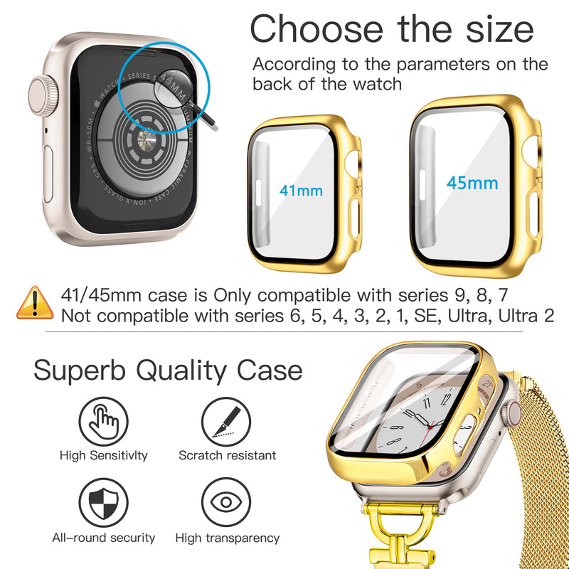for Apple Watch Bands 41mm with Screen Protector Case, Stainless Steel Magnetic Clasp Apple Watch Bands for Women, with D-shaped Connector for iWatch Bands Series 9 8 7 (Gold, 41mm) C - Gold