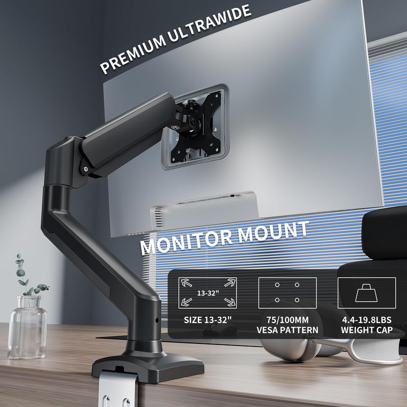 Single Monitor Arm Desk Mount，Gas Spring Monitors Arm for 17-32 inch Screens,Adjustable Computer Monitors Stand up to 4.4 to 19.8 lbs,Vesa Mount with Clamp and Grommet Base, VESA 75 & 100mm,Single 32inch