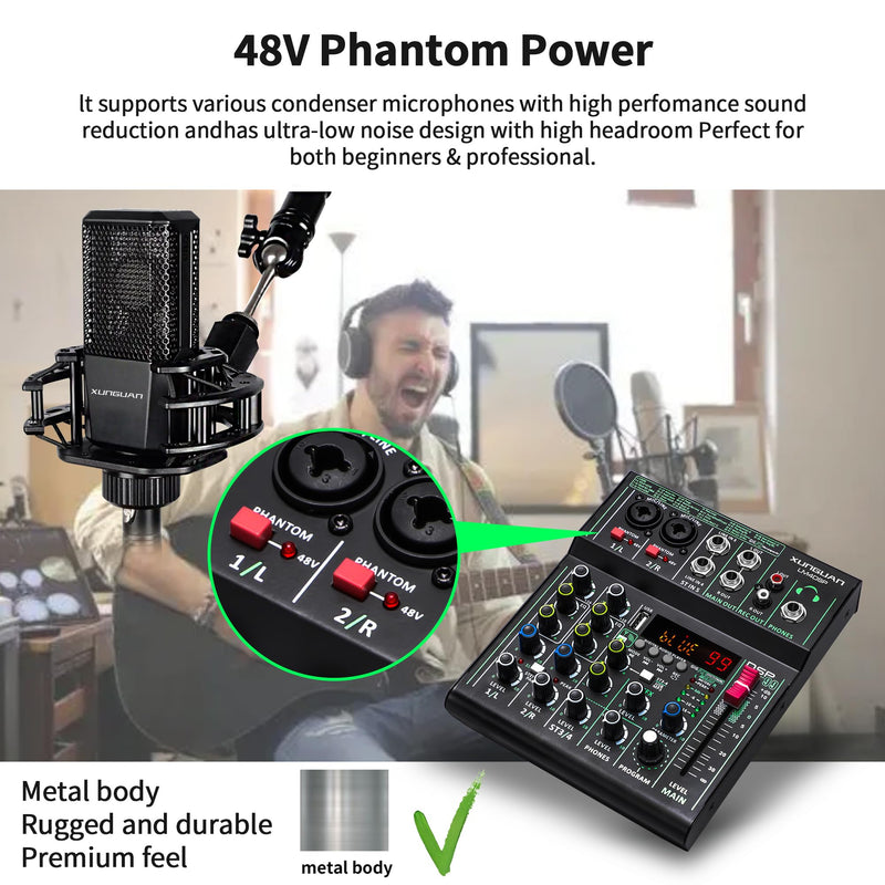 LM4DSP Audio Mixer 4 Channel,99 DSP metal body Sound Board Mixing Console with USB Bluetooth Echo Delay Effect,48V Power for Professional for Recording,Live Streaming,Podcasting DJ Music Application LM4DSP