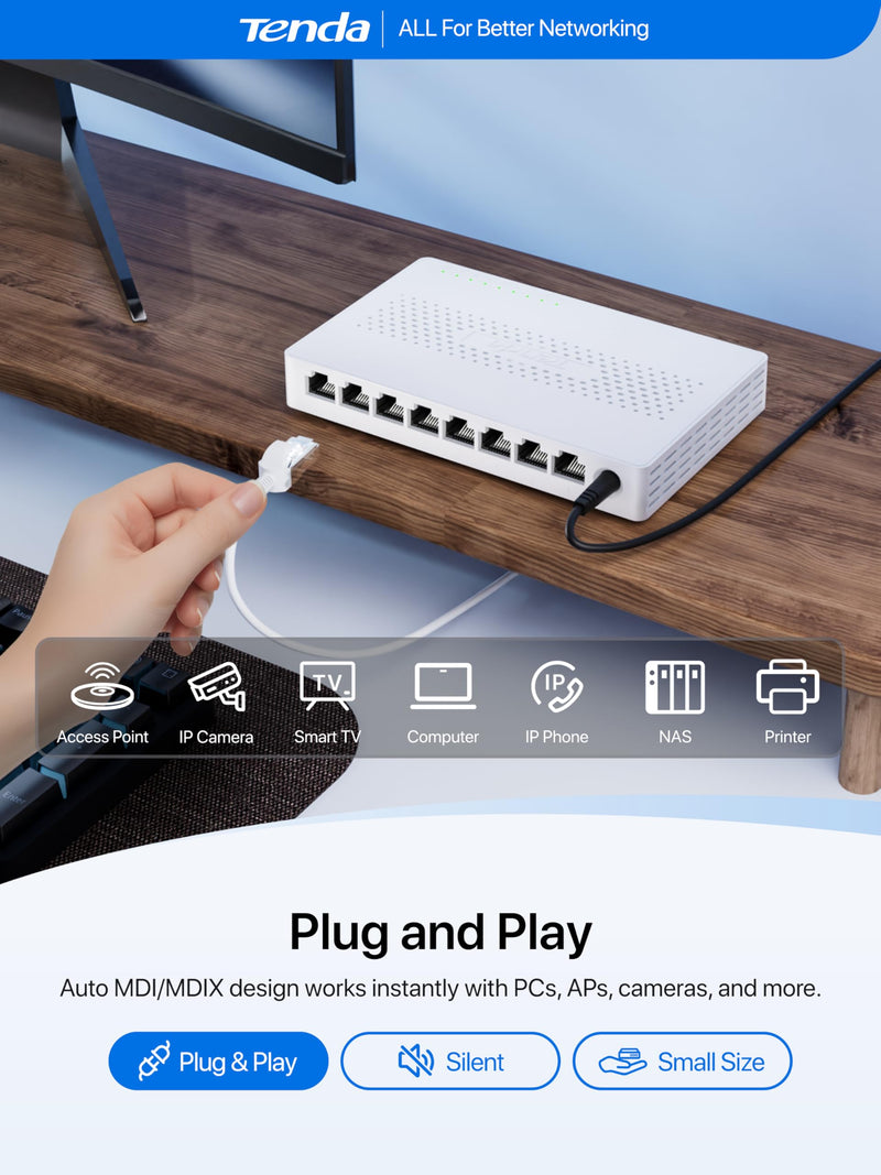 Tenda 8 Port 2.5G Ethernet Switch, Multi-Gigabit 2.5Gb Ethernet Splitter | Unmanaged Network Switch, 8 x 2.5 Gigabit Ports, Plug & Play, Fanless Quiet, Desktop/Wall Mount, for Router, PC, NAS (SM108) White