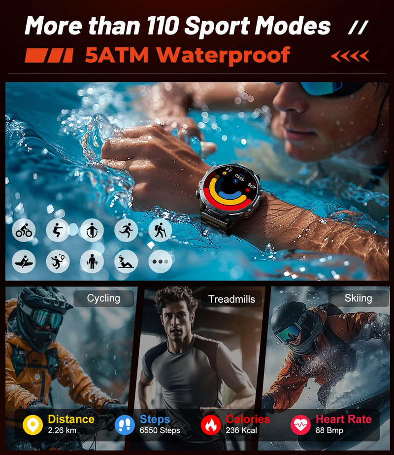 Military Smart Watch for Men, 1.85'' HD Large Screen Smartwatch, 800mAh/LED Flashlight/IP68 Waterproof/Pedometer/100+ Sports Fitness Tracker, Mens Smart Watches for Android iOS, Black