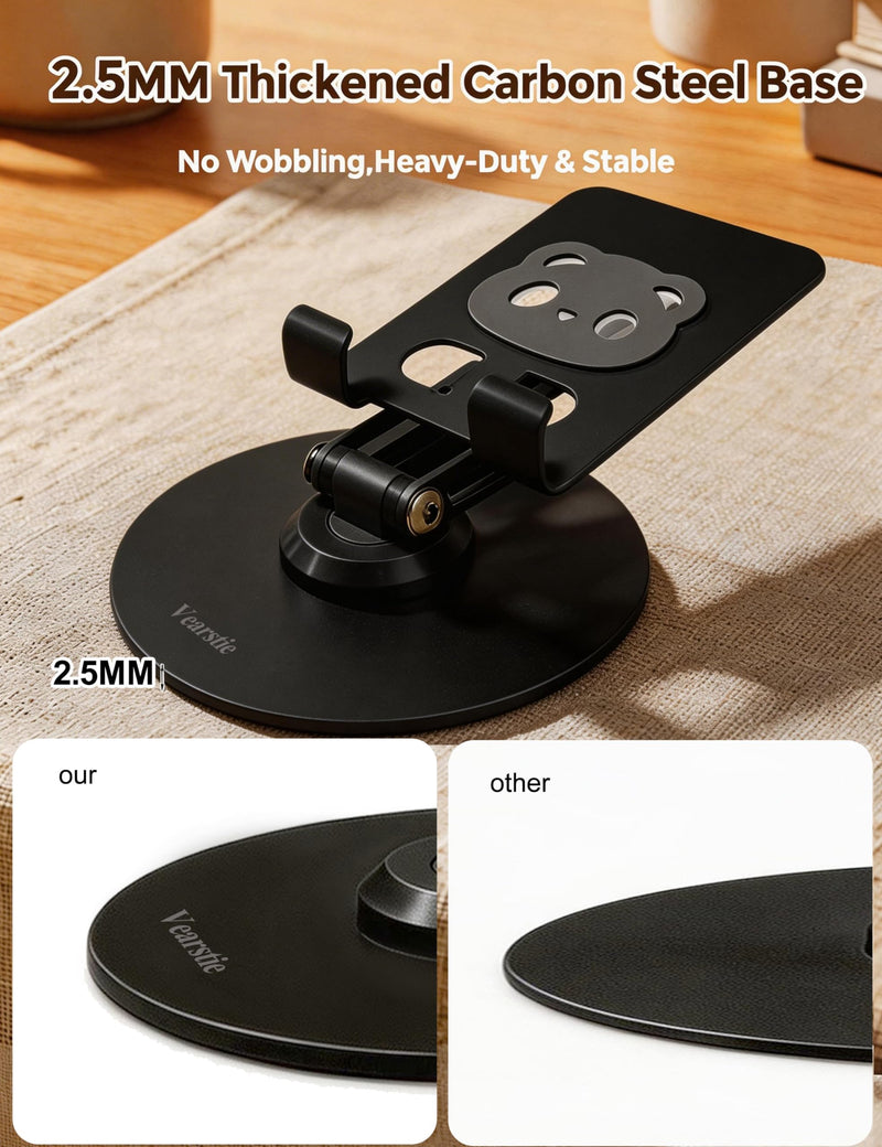 All-Metal 360° Rotating Desk Phone Stand for 4-8" Phones & Tablets | Dual-pole adjustable design, carbon steel base, anti-slip silicone pads, case-friendly, scratch resistant, heat dissipation black