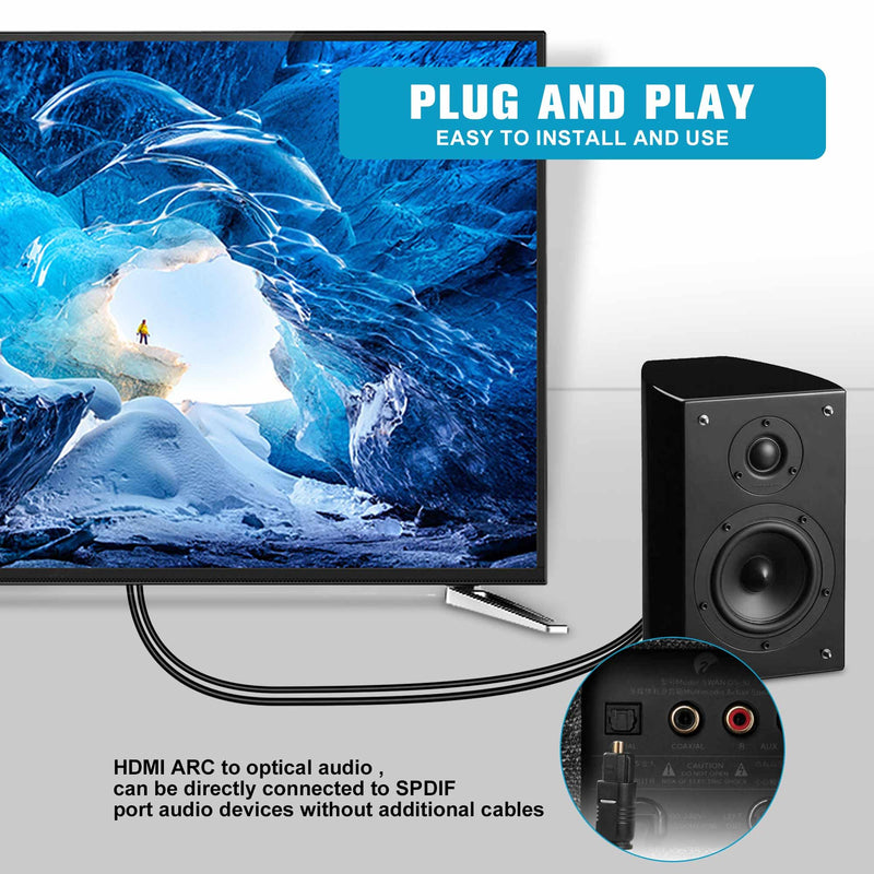 192KHz HDMI ARC to Optical Audio Converter for TV to Soundbar, Plug & Play 3.4ft/1.05m ARC to Optical Cable Audio Extractor Adapter Splitter for Sound System Speaker Home Theater Support Dolby/DTS 5.1