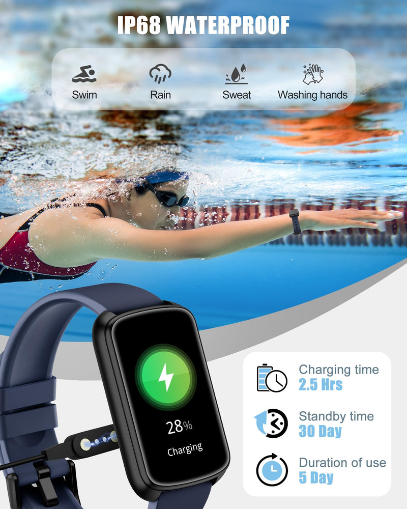 Fitness Tracker, Smart Watch for Women Men with 24/7 Heart Rate/Blood Pressure/Blood Oxygen Monitor,Sleep Tracker,Step & Calorie Counter, IP68 Waterproof Fitness Watches Compatible with Android&iPhone Blue