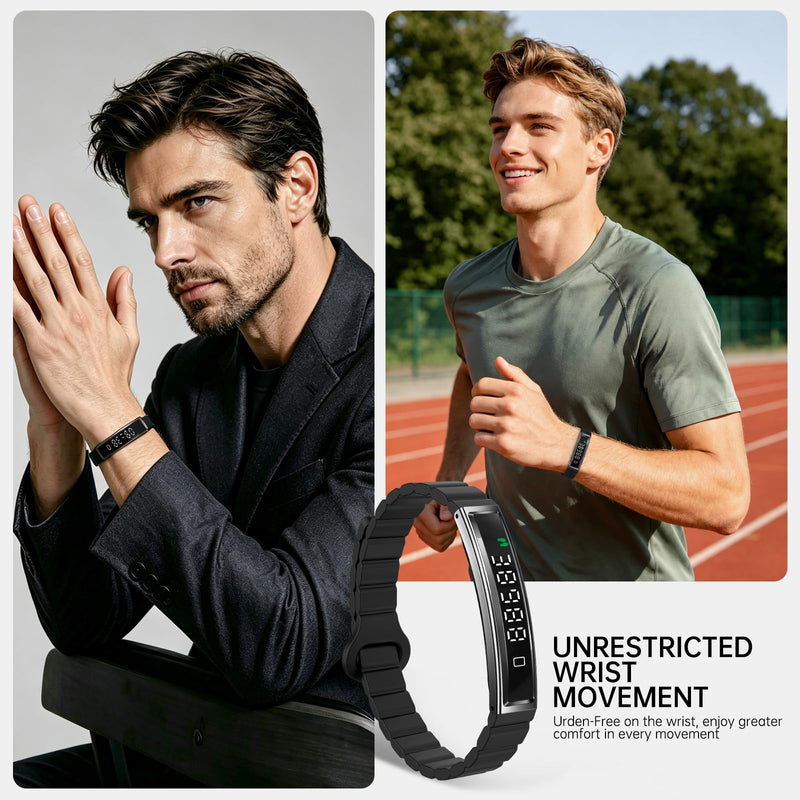 Smart Bracelet for Women Men Fitness Health Tracker with Heart Rate Sleep | 2 Bands 5ATM Waterproof Smartband with Multi-Sport Modes, Step Pedometer Black Steel + Black Magnetic