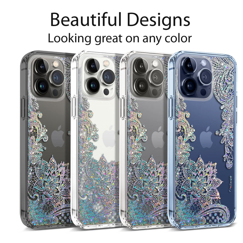 Coolwee Anti Yellowing Clear Glitter for Apple iPhone 15 Pro Max Case Floral, 6.7 inch, 6.6ft Military Grade Protective Cute Mandala Crystal Bling Lace Slim TPU with Camera & Screen Protector Clear Glitter Lace