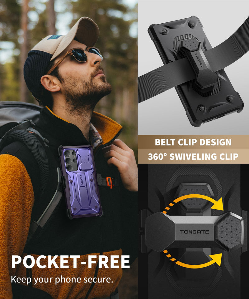TONGATE for Samsung Galaxy S23 Ultra Case, 2 Front Frames & Stand, P-Purple | Built-in Slide Camera Cover & Screen Protector, Military Grade Shockproof S23 Ultra Phone Case with Kickstand & Belt-Clip Pri-Purple