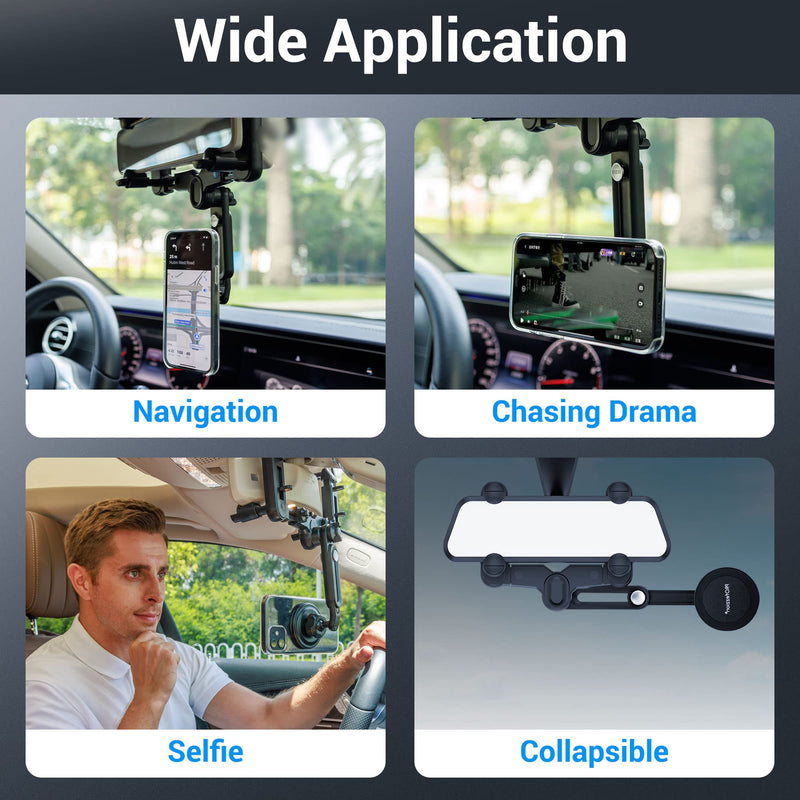 PROfezzion Car Rearview Mirror Magnetic Phone Mount Holder for MagSafe | Vent Clip Included, No Vibrating, Eye-level View, Length & Angle Adjustment, for iPhone 17 16 15 14 13 Pro Max & All Phones Car Rearview Mirror or Vent