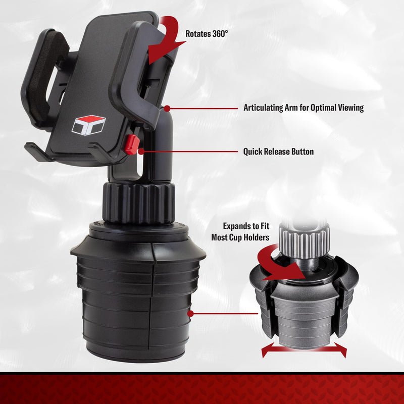 Tuff Tech Cradle Cup Mount Phone Holder, Fits Most Smartphones | 360-Degree Rotation, Articulating Arm, Spring-Loaded Cradle, Fits Most Cars, Trucks, and SUVs Medium to Large
