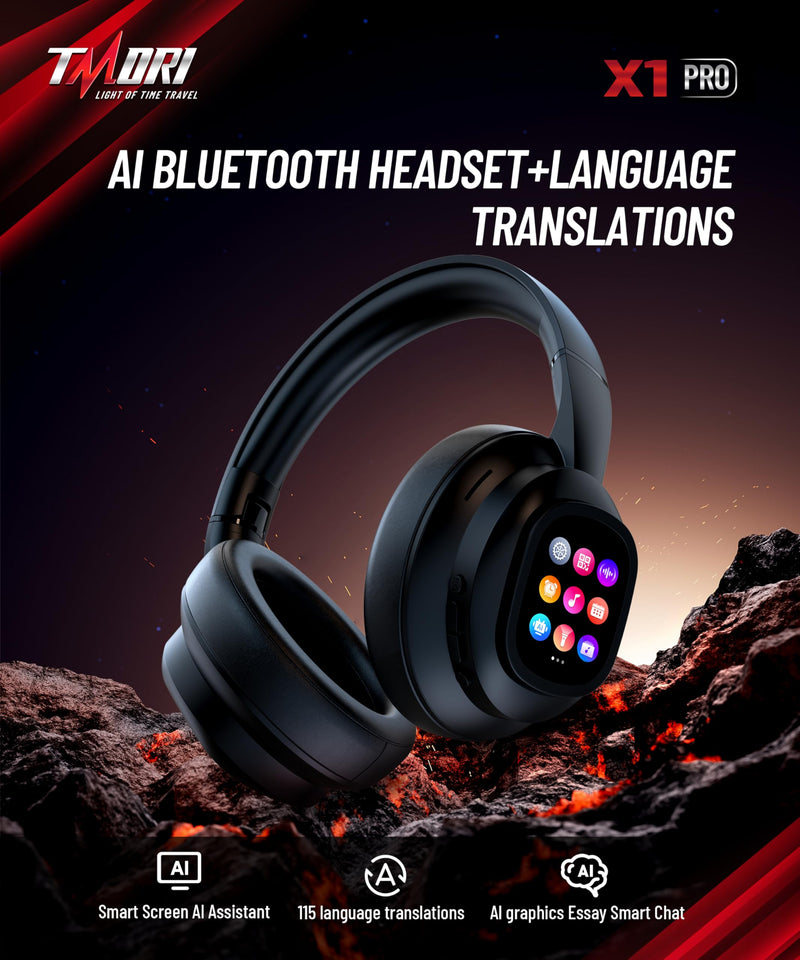 AI Smart Headphones with Detachable Screen - 115-Language Real-Time Translation, Hybrid ANC, Bluetooth 6.0, Built-in Flashlight & Photo Control for Travel, Business & Daily Use AI Wireless Headphone BLACK