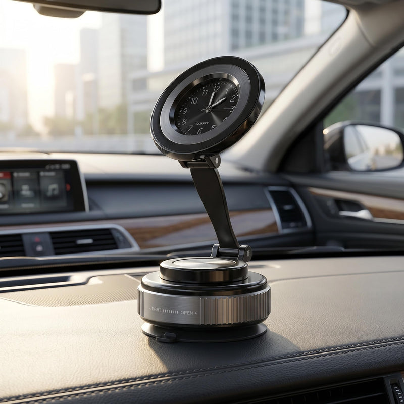 Car Mount with Clock, Folding Stand Design, Round Dial, Silver, Car or Desk
