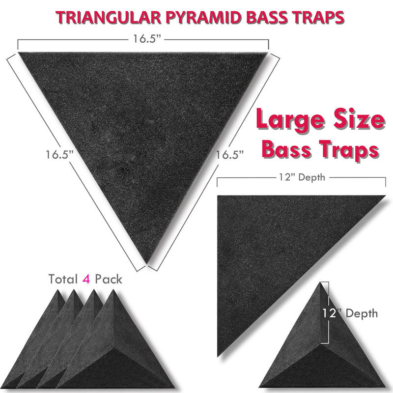 4 Pack Bass Traps for Ceiling Corner 16.5" Triangle 12" Depth Triangular Pyramid Acoustic Foam Bass Trap Sound Proofing for Home Studio Booth Low to High Frequency Sound Absorption Foam Triangular Pyramid Bass Traps
