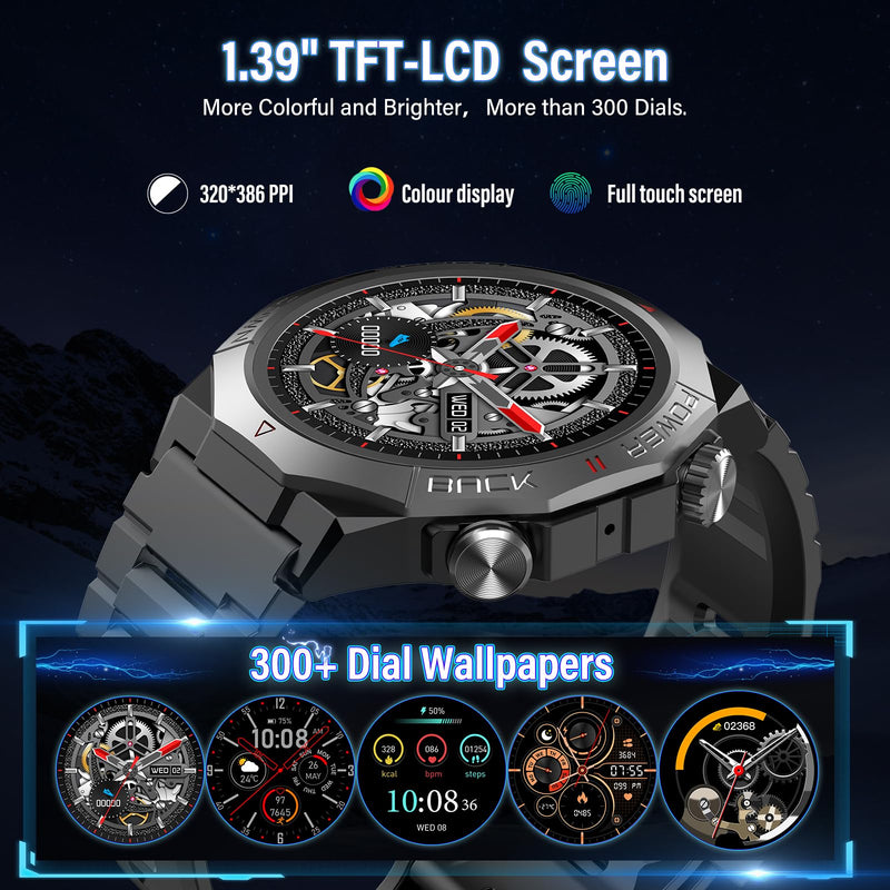 Military Smart Watches for Men 1.39" HD Fitness Tracker 30Day IPX7, Black | heart rate & sleep monitor, 110+ sports modes, rugged design, compatible Android & iOS, for workout & outdoor Tactical